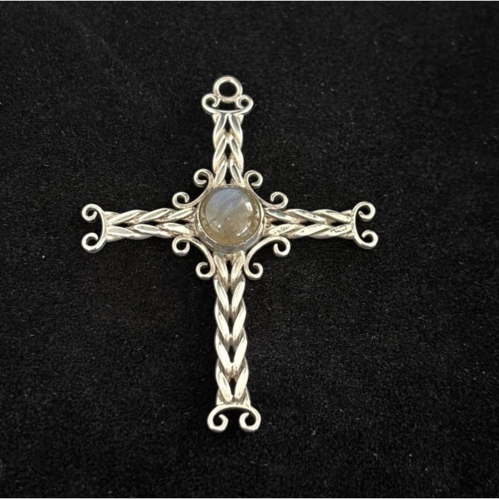 Silver Scrollwork Cross Moonstone Cabochon Artisan Made Vintage Makers Mark 2"x2